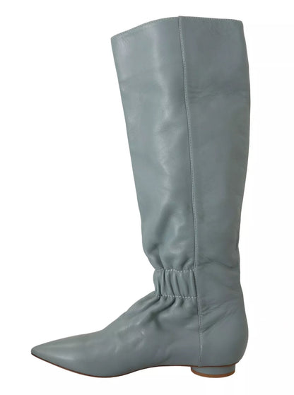 Valentino Blue Leather Elastic Flats Pull On Knee High Boots Shoes