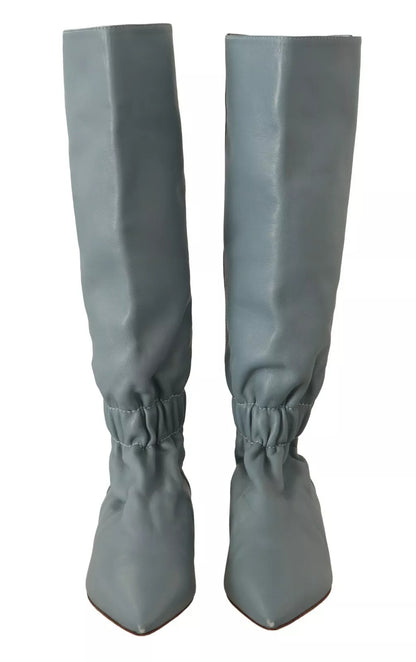 Valentino Blue Leather Elastic Flats Pull On Knee High Boots Shoes