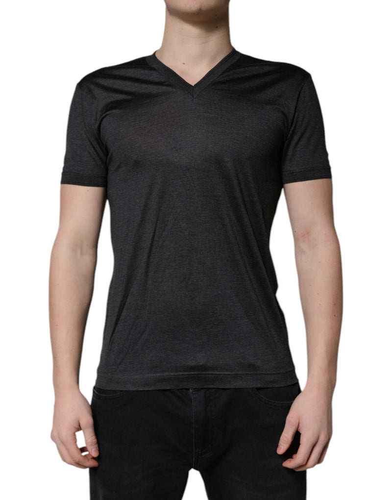 Dolce &amp; Gabbana T-shirt van donkergrijze zijde met V-hals en korte mouwen