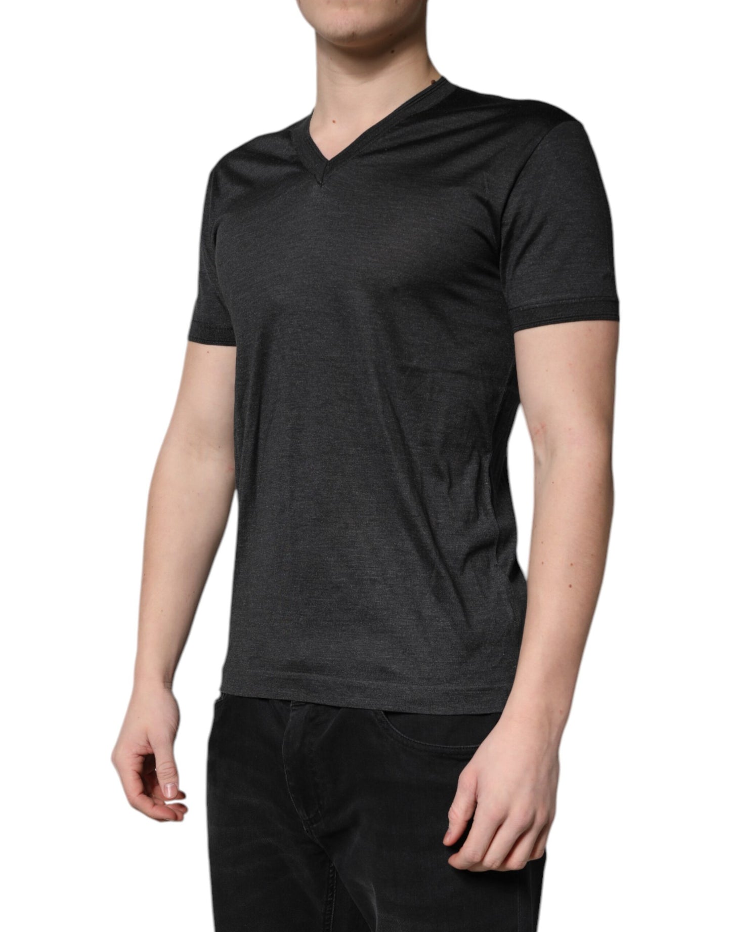 Dolce & Gabbana Dark Gray Silk V-neck Short Sleeves T-shirt