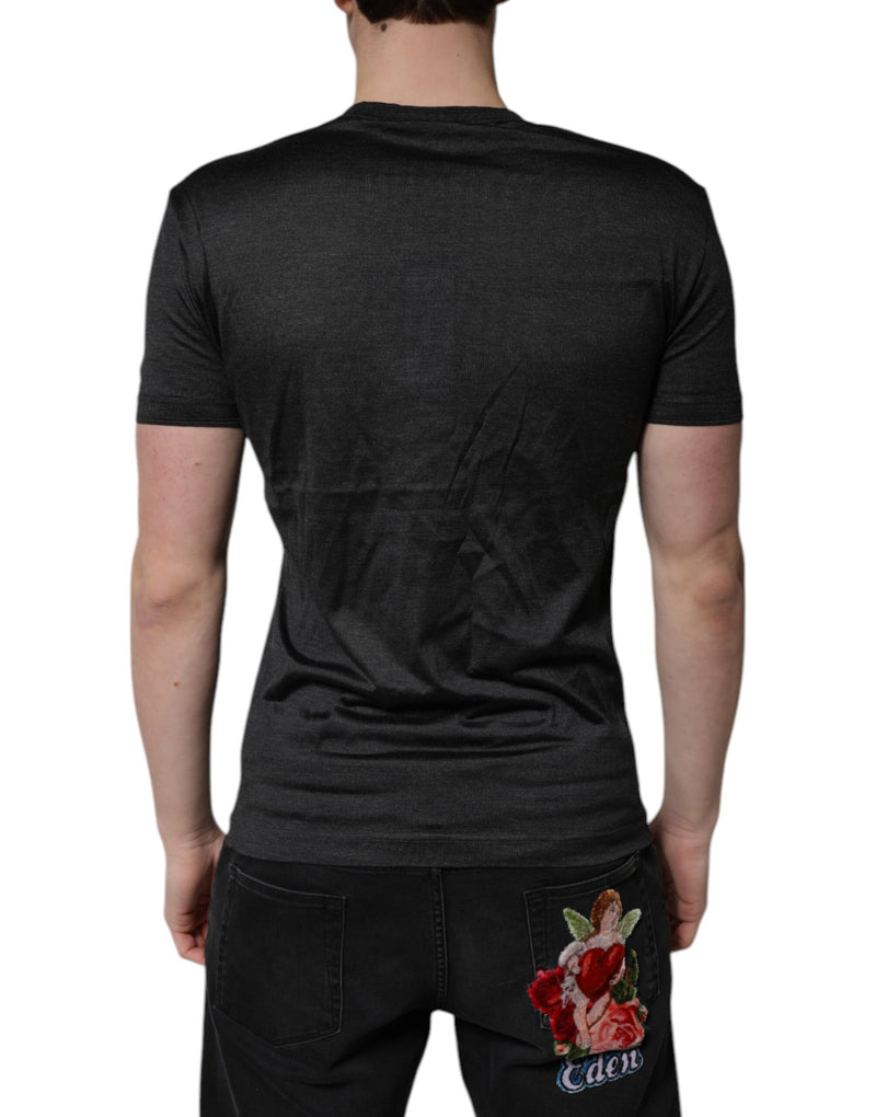 Dolce &amp; Gabbana T-shirt van donkergrijze zijde met V-hals en korte mouwen