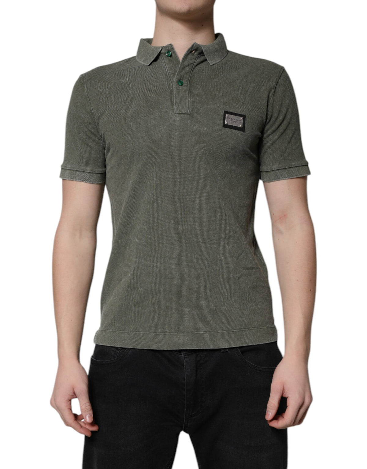 Polo en coton vert armée avec plaque de logo Dolce &amp; Gabbana - T-shirt