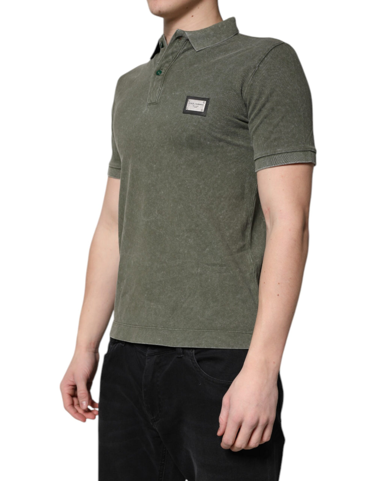 Polo en coton vert armée avec plaque de logo Dolce &amp; Gabbana - T-shirt