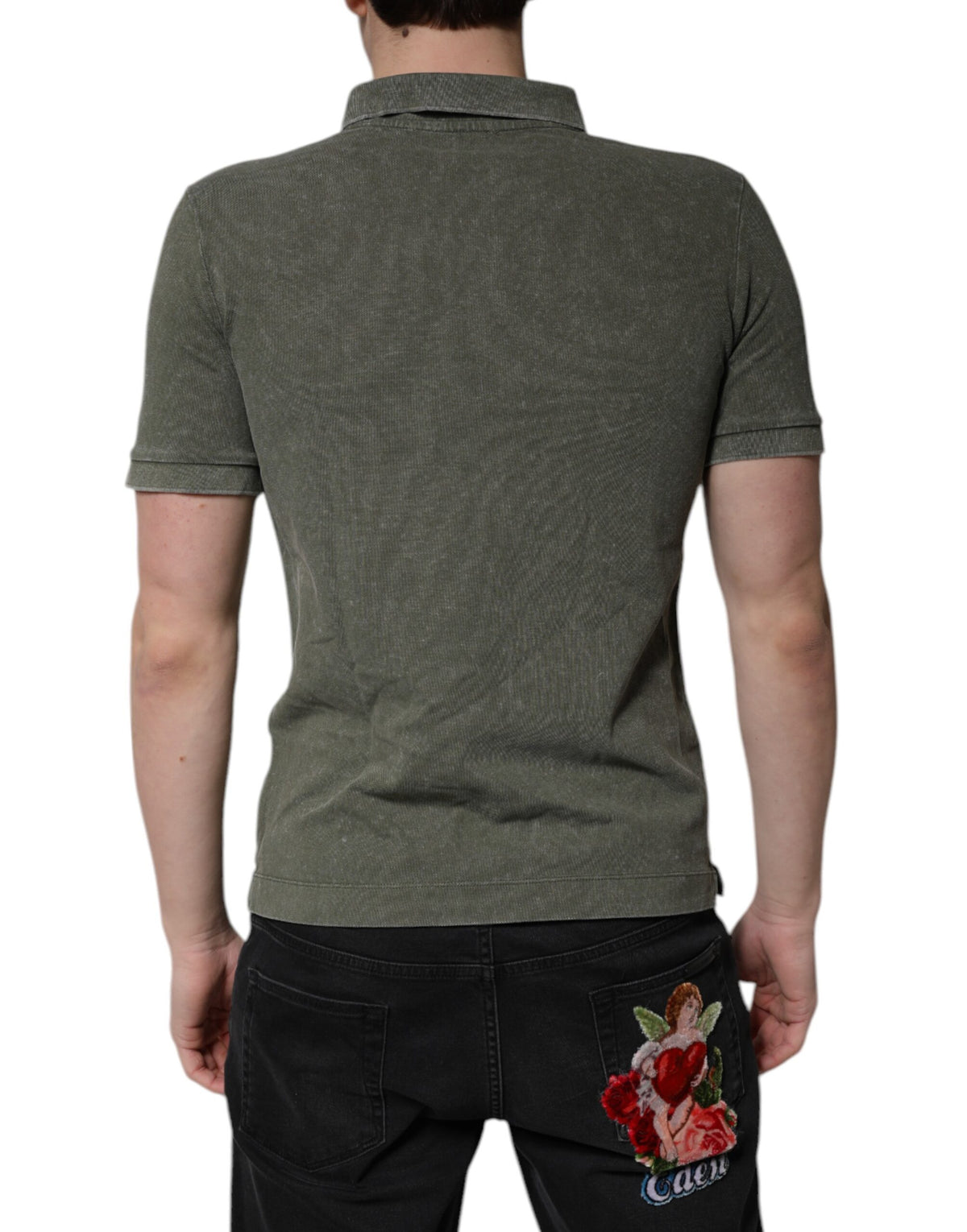 Polo en coton vert armée avec plaque de logo Dolce &amp; Gabbana - T-shirt