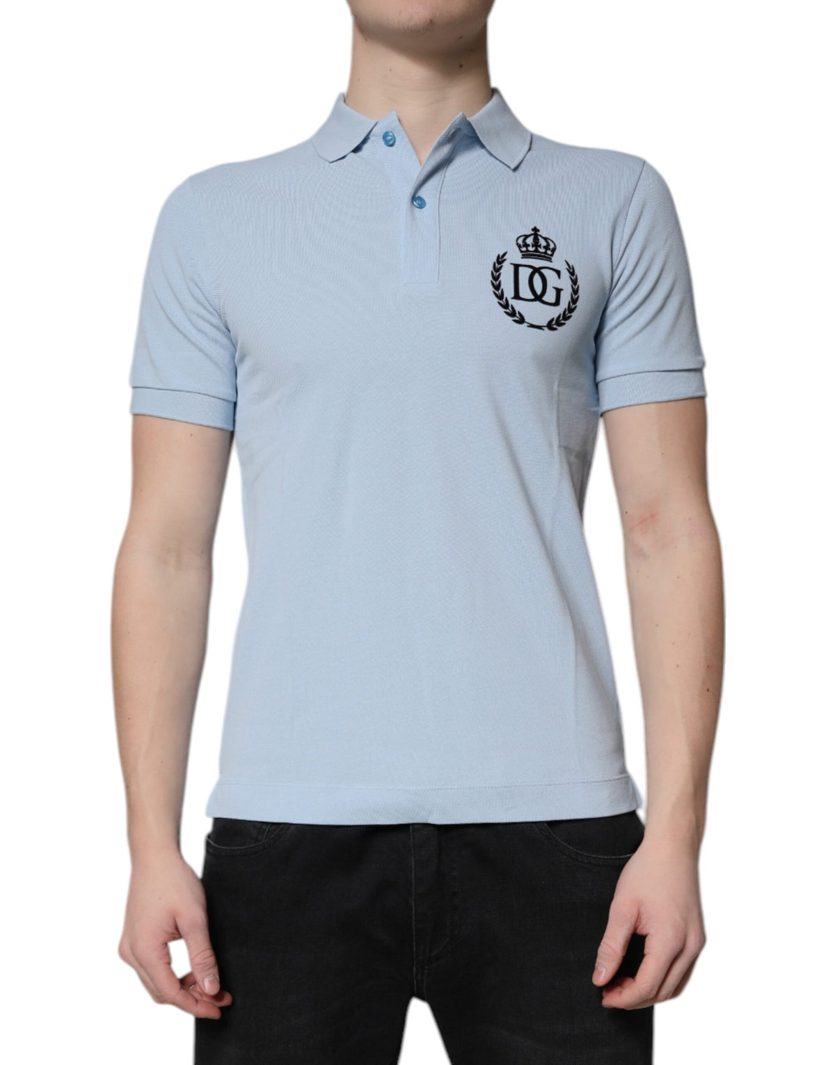Polo en coton à col couronne bleu ciel de Dolce &amp; Gabbana