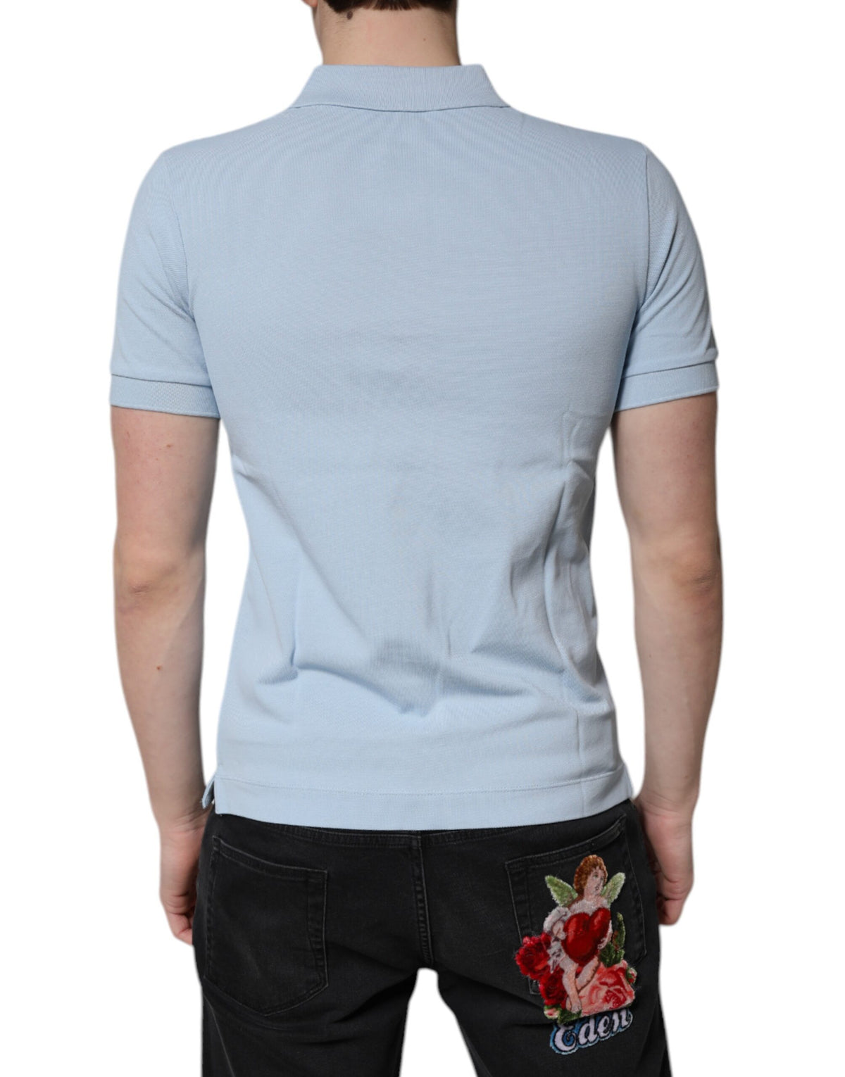 Polo en coton à col couronne bleu ciel de Dolce &amp; Gabbana