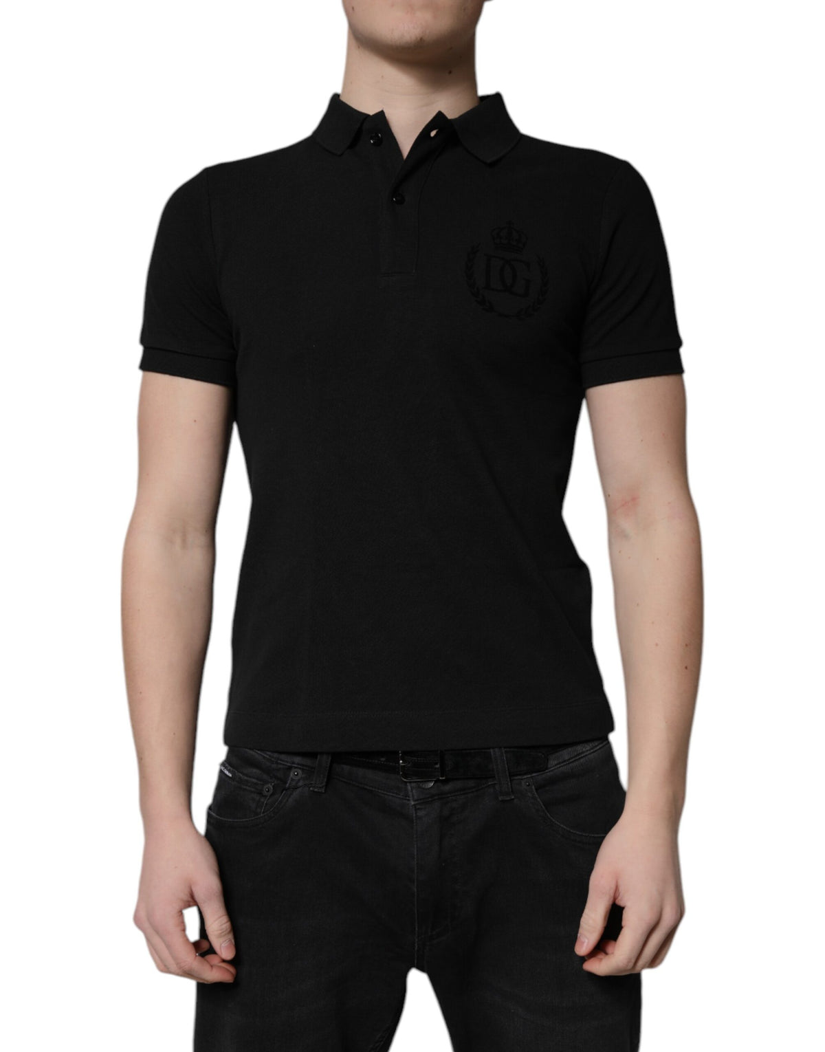 Polo à col montant en coton noir avec logo DG de Dolce &amp; Gabbana