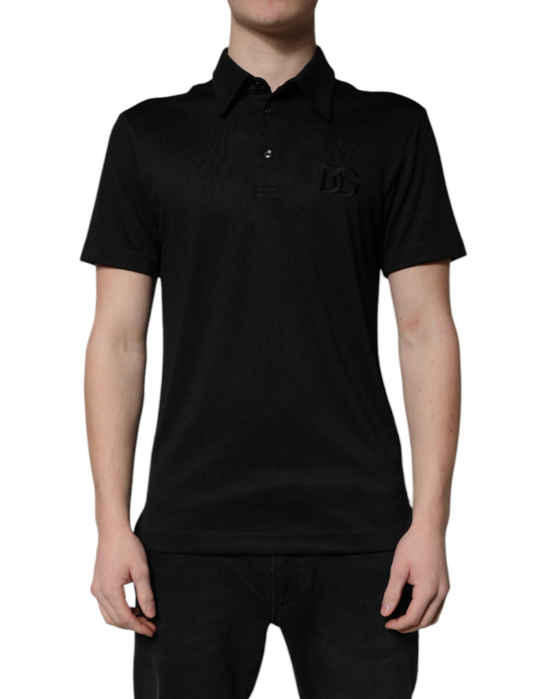 Polo en polyester noir avec col et logo DG de Dolce &amp; Gabbana