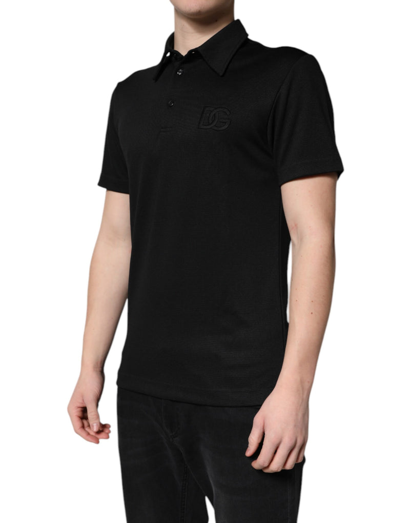 Polo en polyester noir avec col et logo DG de Dolce &amp; Gabbana