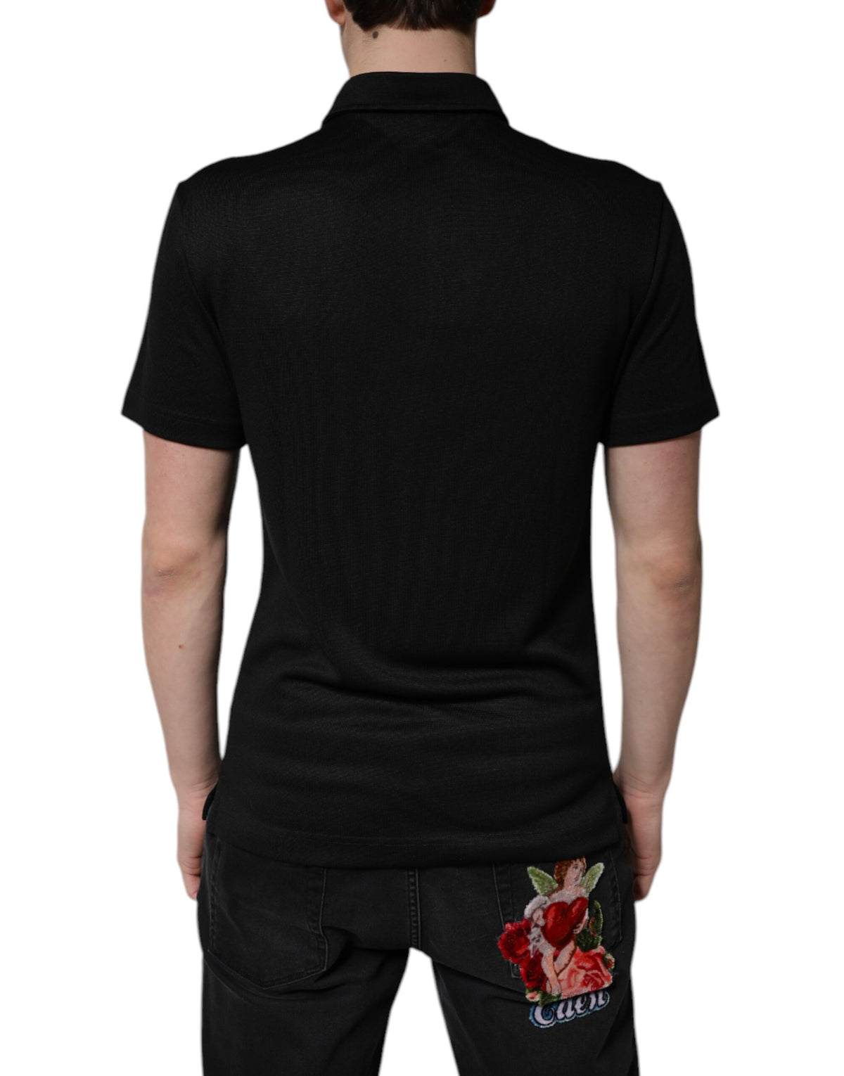 Polo en polyester noir avec col et logo DG de Dolce &amp; Gabbana