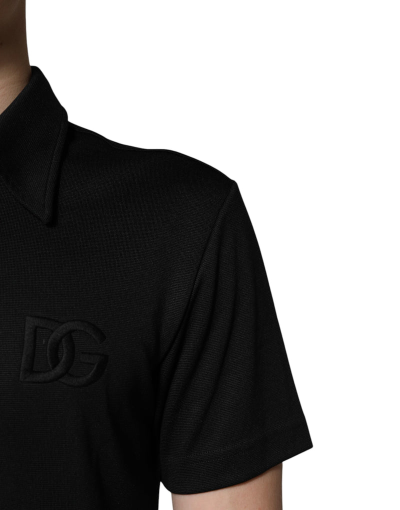 Polo en polyester noir avec col et logo DG de Dolce &amp; Gabbana