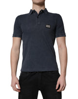 Polo en coton pour homme Dolce &amp; Gabbana, bleu foncé, avec plaque logo.