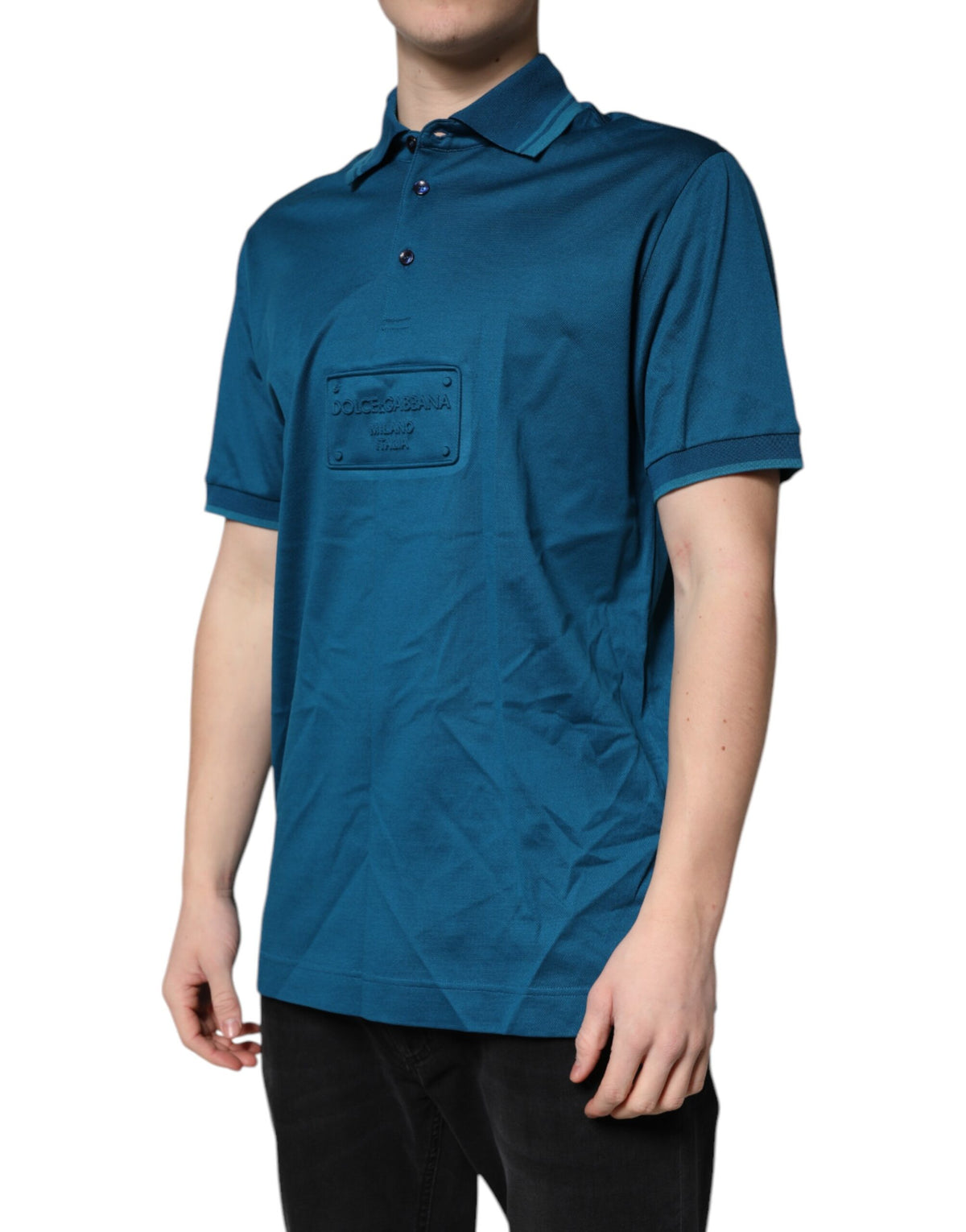 Polo en coton bleu avec logo Dolce &amp; Gabbana pour homme - T-shirt