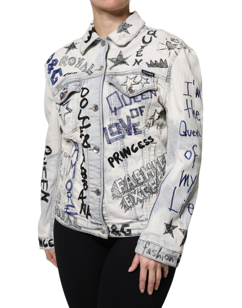 Dolce & Gabbana Light Blue Graffiti Button Down Denim Jacket