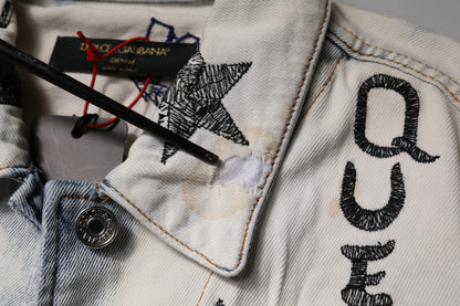 Dolce & Gabbana Light Blue Graffiti Button Down Denim Jacket