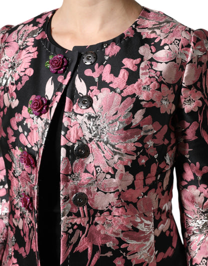 Dolce & Gabbana Pink Black Floral Brocade Trenchcoat Jacket