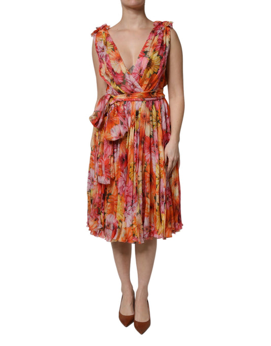 Dolce & Gabbana Multicolor Floral Silk V-neck Chiffon Dress