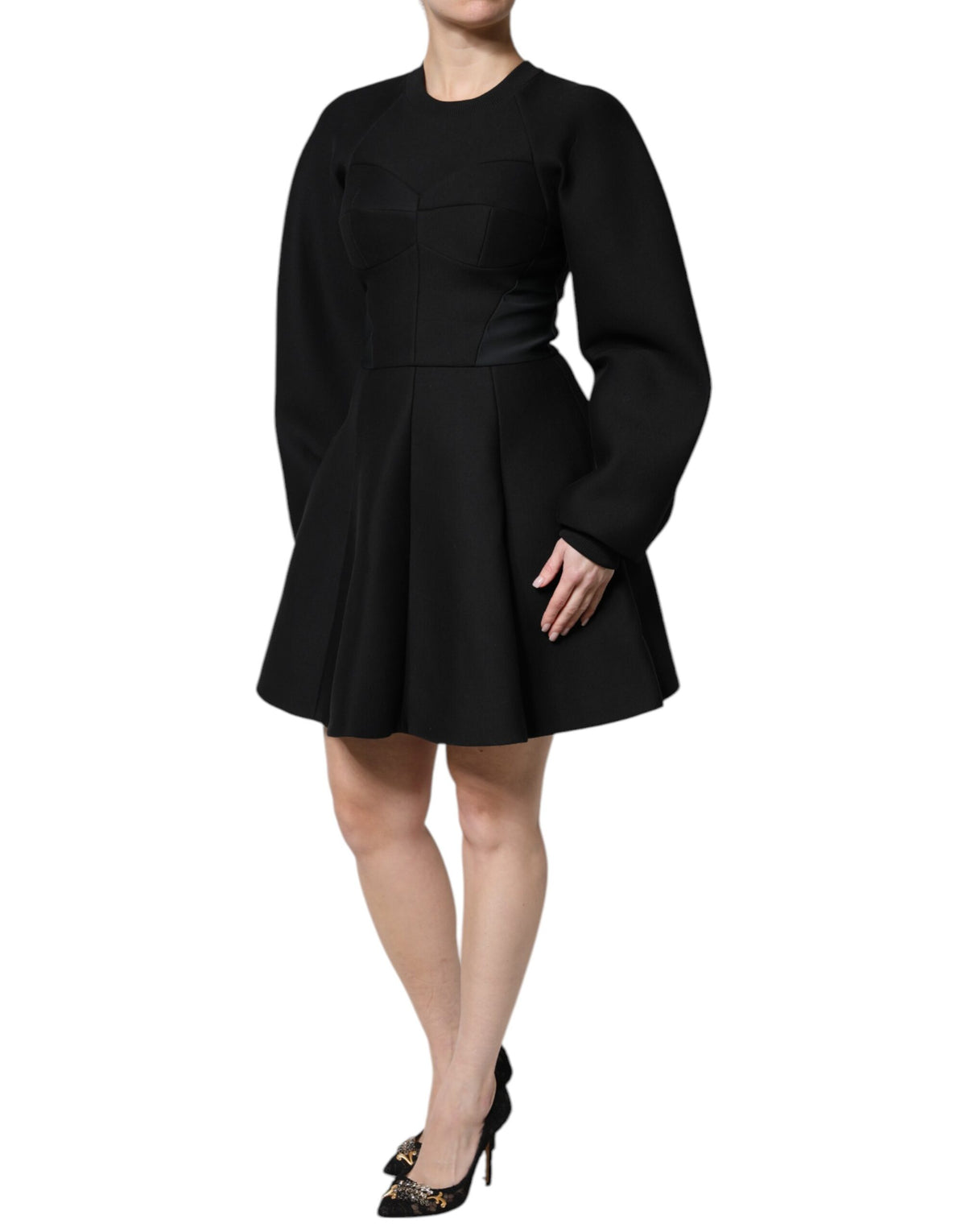 Dolce & Gabbana Robe Mini A-line en Coton Noir à Manches Longues