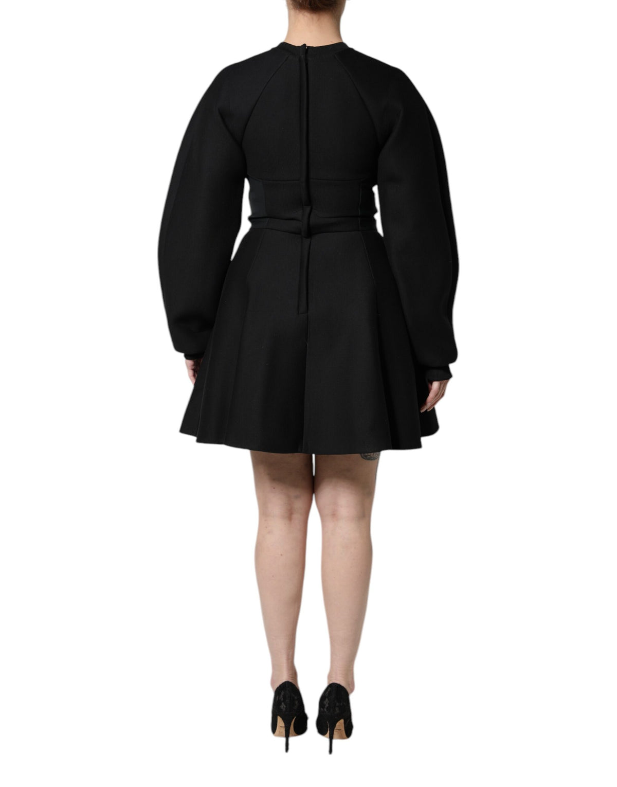 Dolce & Gabbana Robe Mini A-line en Coton Noir à Manches Longues