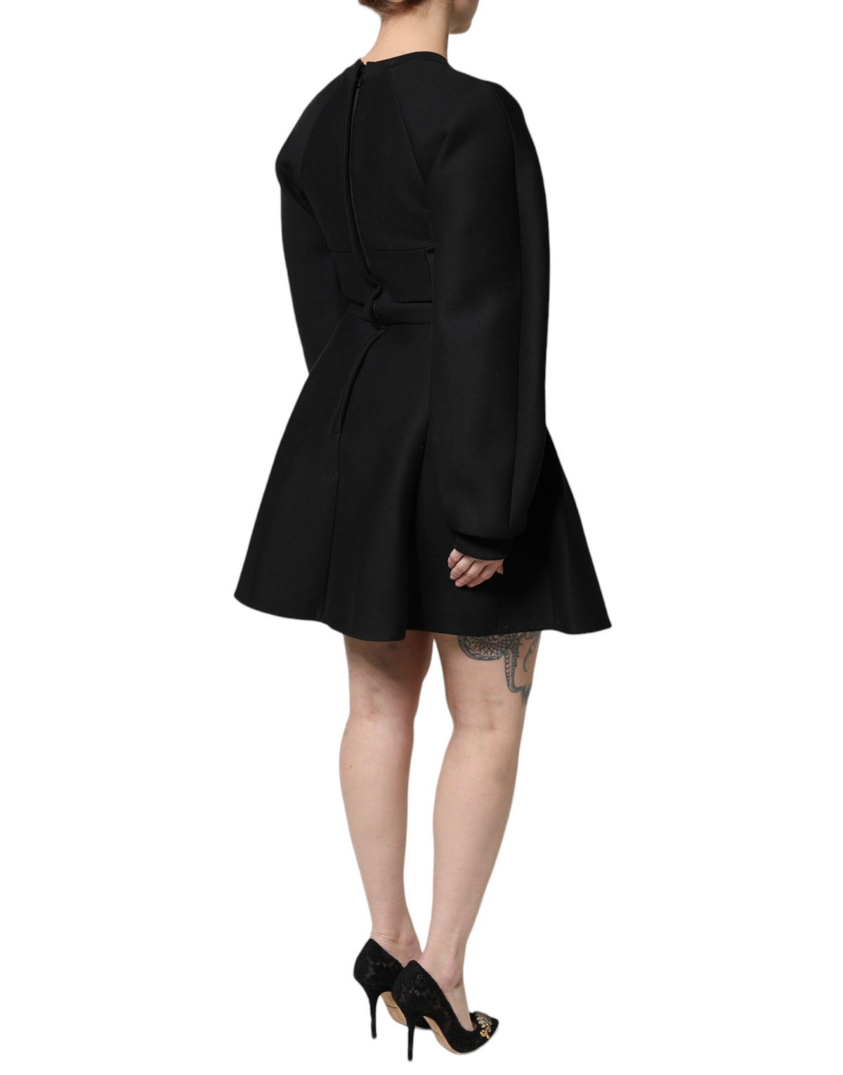 Dolce & Gabbana Robe Mini A-line en Coton Noir à Manches Longues