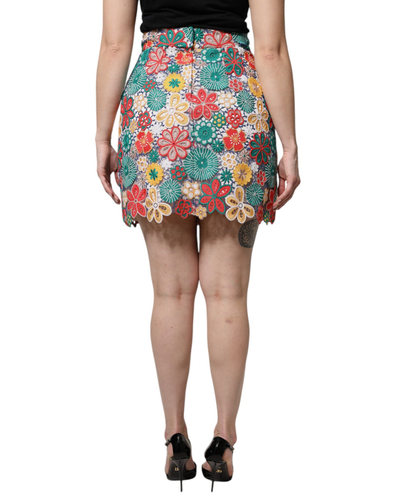 Dolce & Gabbana Jupe Mini Haute Taille en Dentelle Florale Multicolore