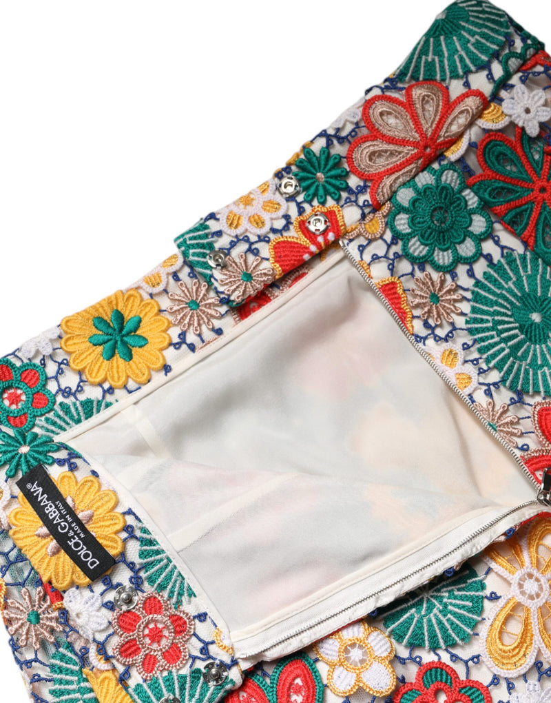 Dolce & Gabbana Jupe Mini Haute Taille en Dentelle Florale Multicolore
