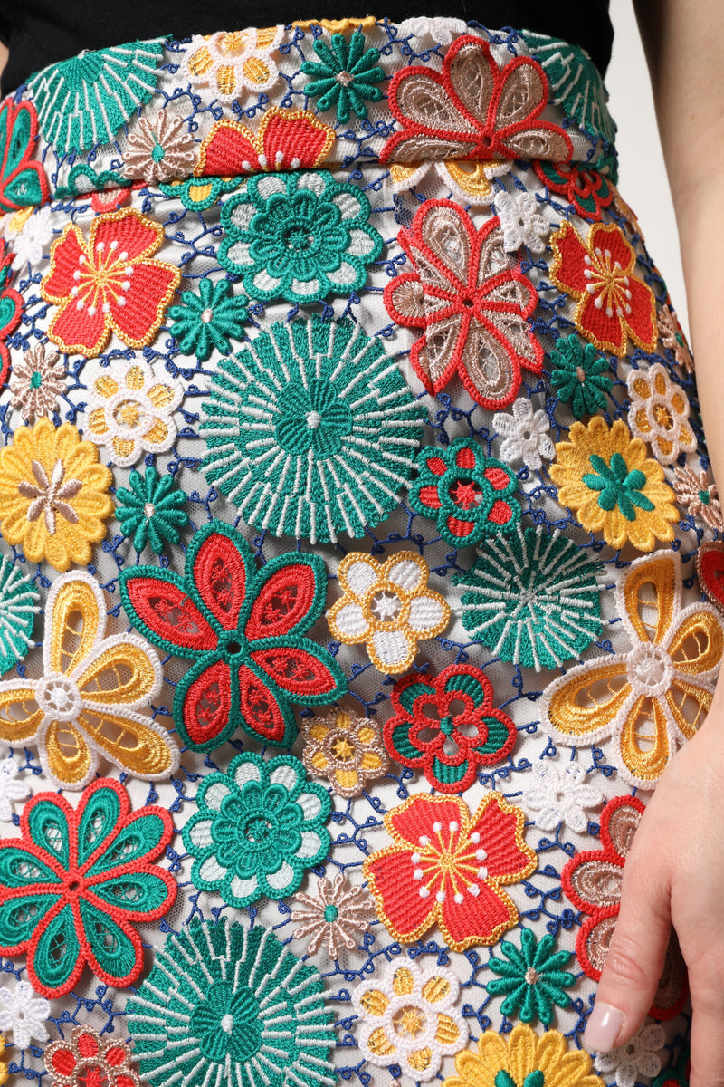 Dolce & Gabbana Jupe Mini Haute Taille en Dentelle Florale Multicolore