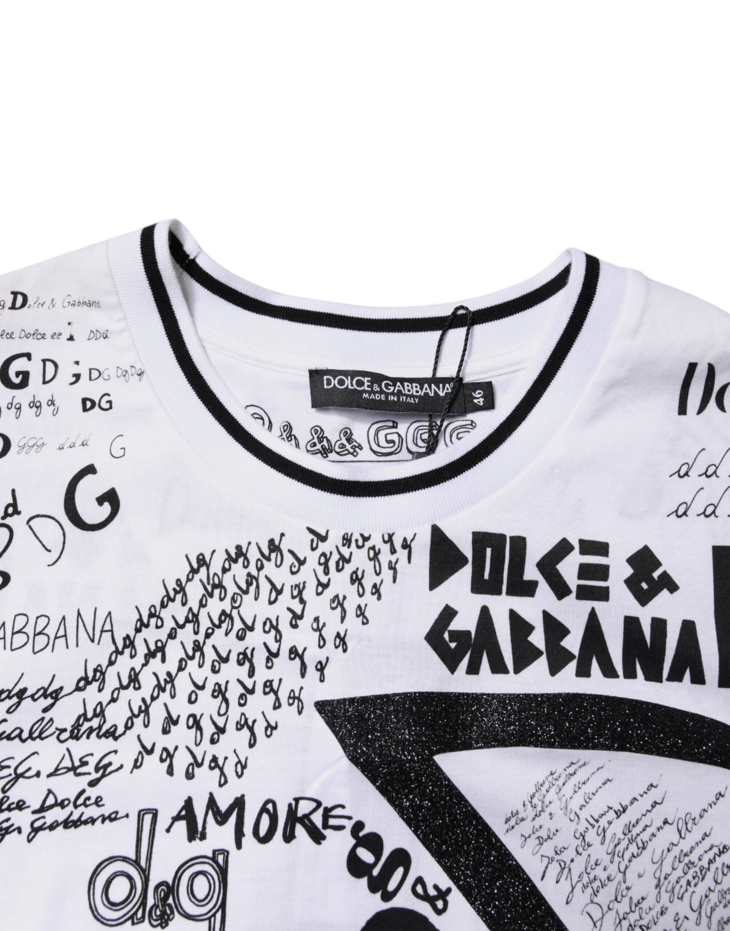 Dolce & Gabbana White Graffiti Print Cotton Crew Neck T-shirt