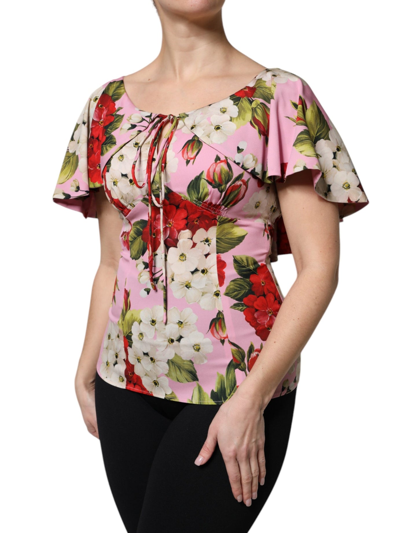 Dolce & Gabbana Pink Floral Silk Short Sleeves Blouse Top