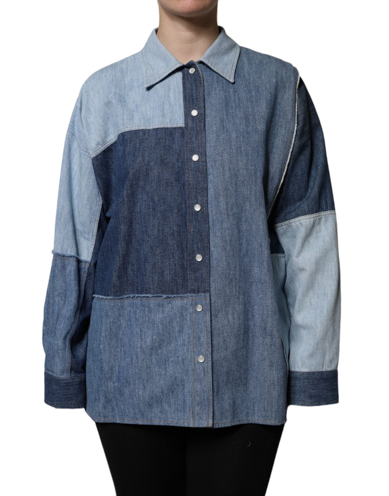 Dolce & Gabbana TSH90106-38 Blue Cotton Button Up Long Sleeve Top