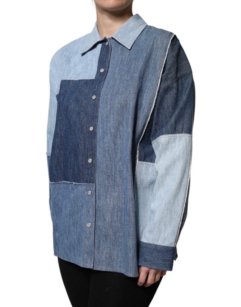 Dolce & Gabbana TSH90106-38 Blue Cotton Button Up Long Sleeve Top