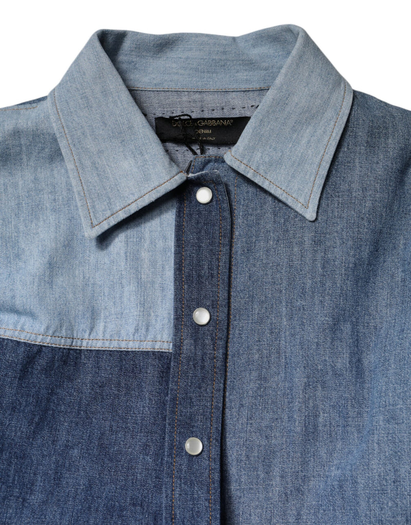 Dolce & Gabbana TSH90106-38 Blue Cotton Button Up Long Sleeve Top