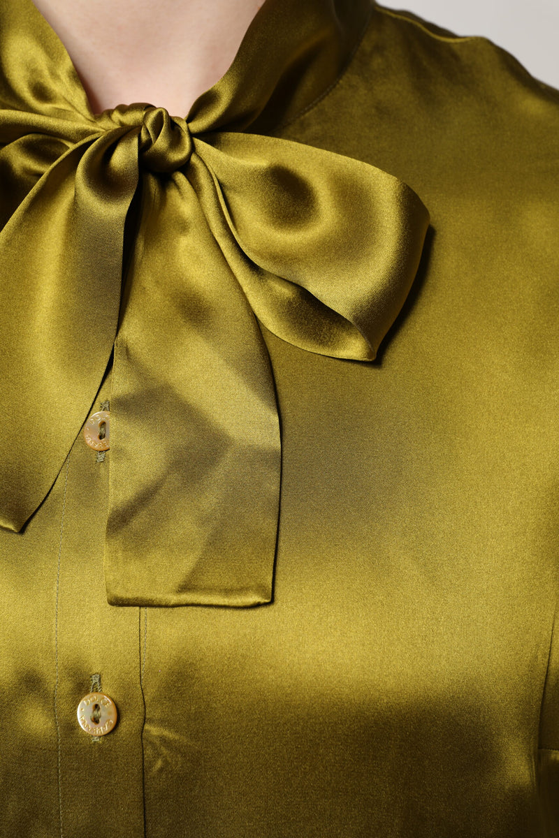 Dolce & Gabbana Olive Green Ascot Collar Long Sleeve Blouse
