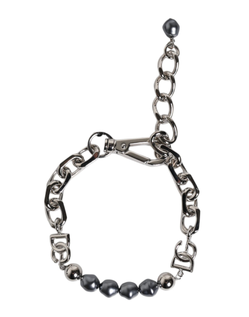 Dolce & Gabbana Zilveren Ketting Karabijnsluiting Logo Grijze Parels Armband