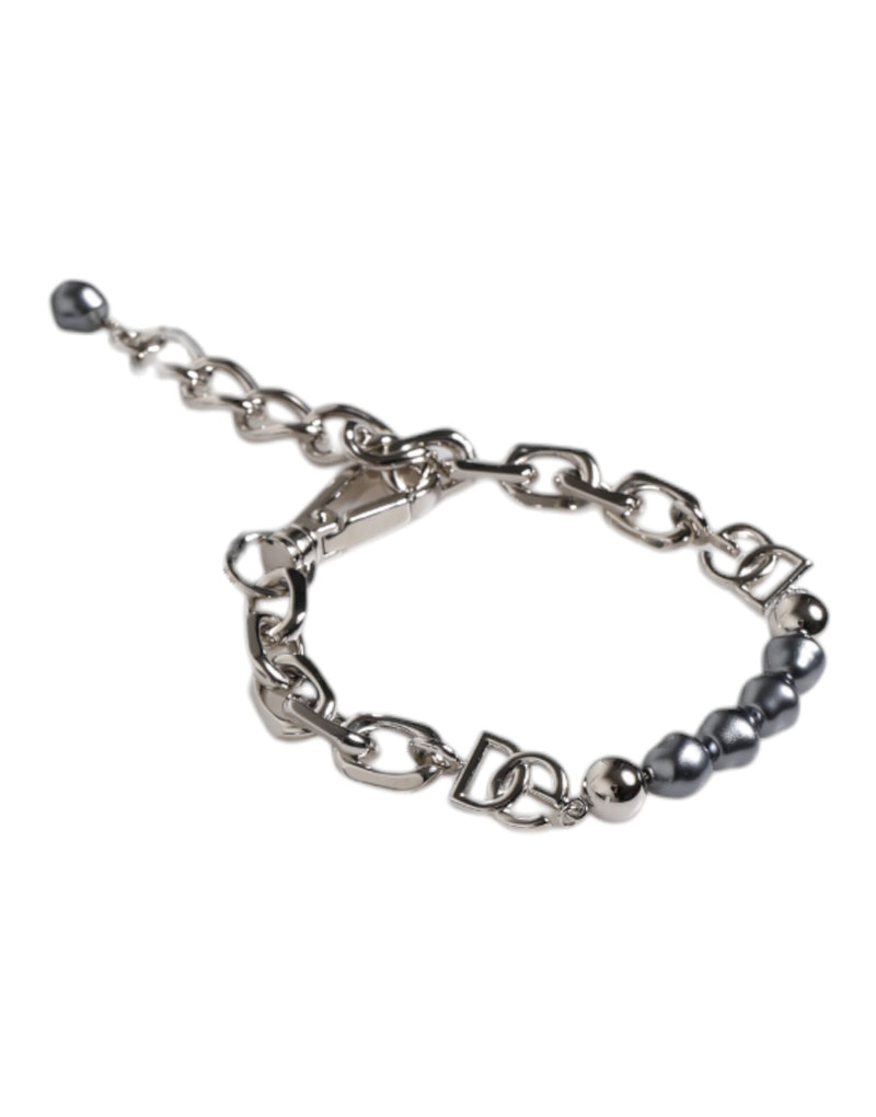 Dolce & Gabbana Zilveren Ketting Karabijnsluiting Logo Grijze Parels Armband