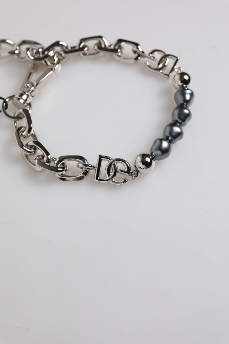 Dolce & Gabbana Zilveren Ketting Karabijnsluiting Logo Grijze Parels Armband