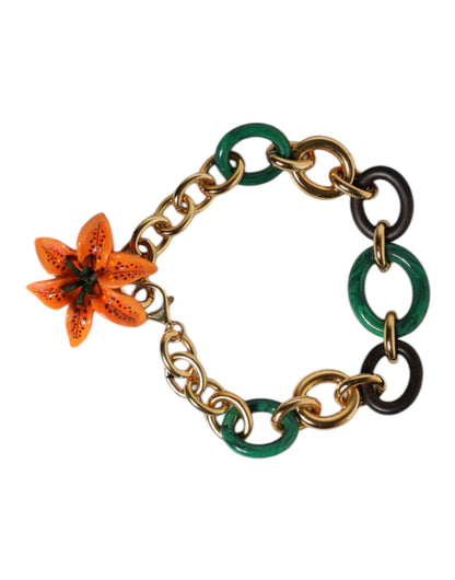 Dolce &amp; Gabbana Multicolore Gouden Messing Oranje Lelijkebloem Ketting