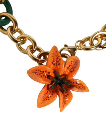 Dolce &amp; Gabbana Multicolore Gouden Messing Oranje Lelijkebloem Ketting