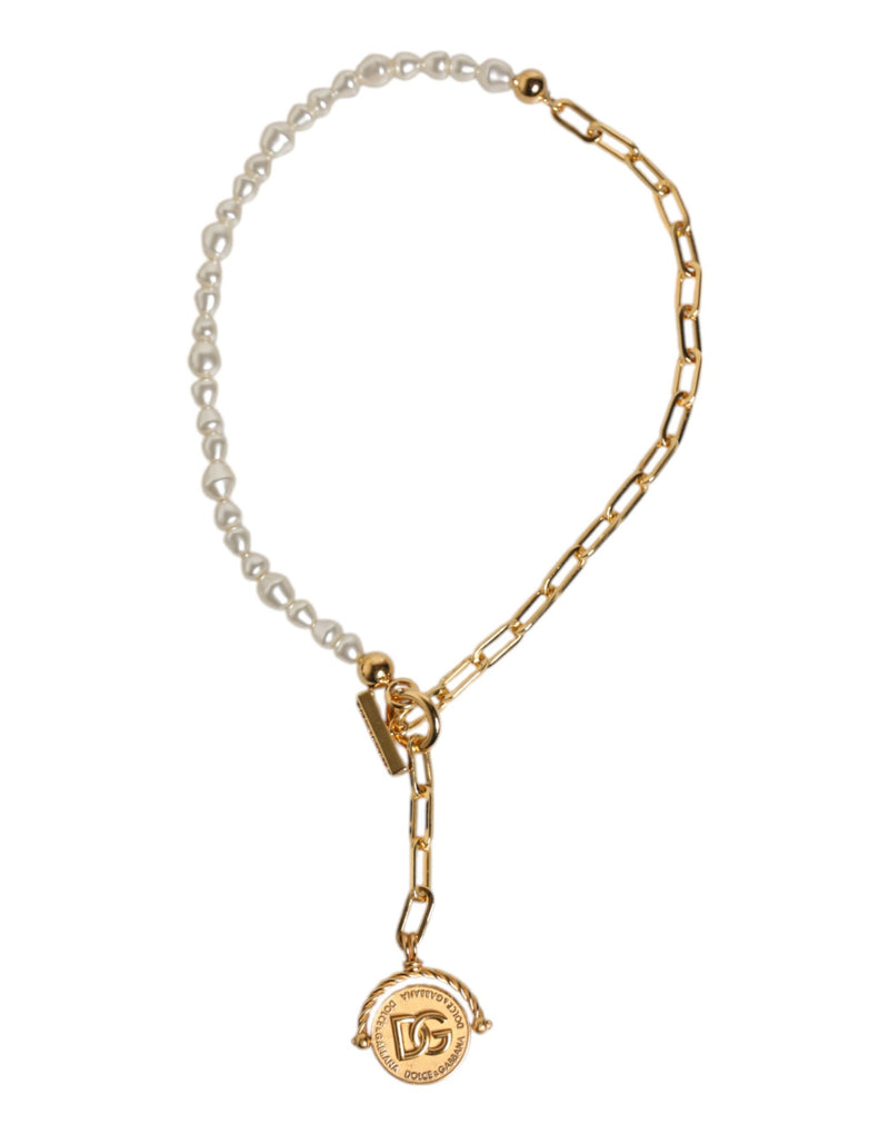 Dolce & Gabbana Gold Chain Brass Faux Pearl Charm Necklace