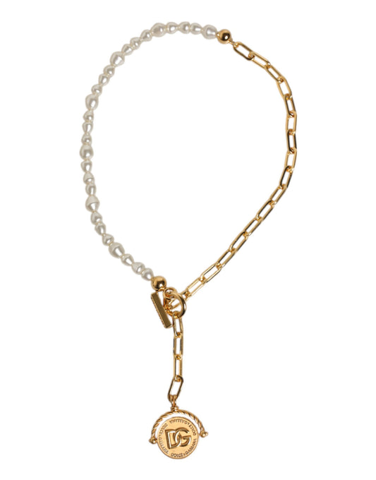 Dolce & Gabbana Gold Chain Brass Faux Pearl Charm Necklace