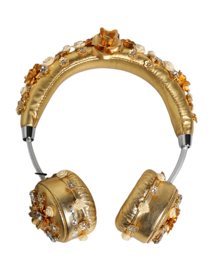Casque audio Dolce & Gabbana en cuir doré avec motif floral et cristaux Angel