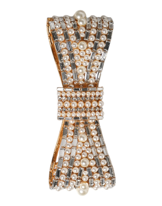 Dolce & Gabbana Gold Tone Brass Bow Crystal Faux Pearl Brooch