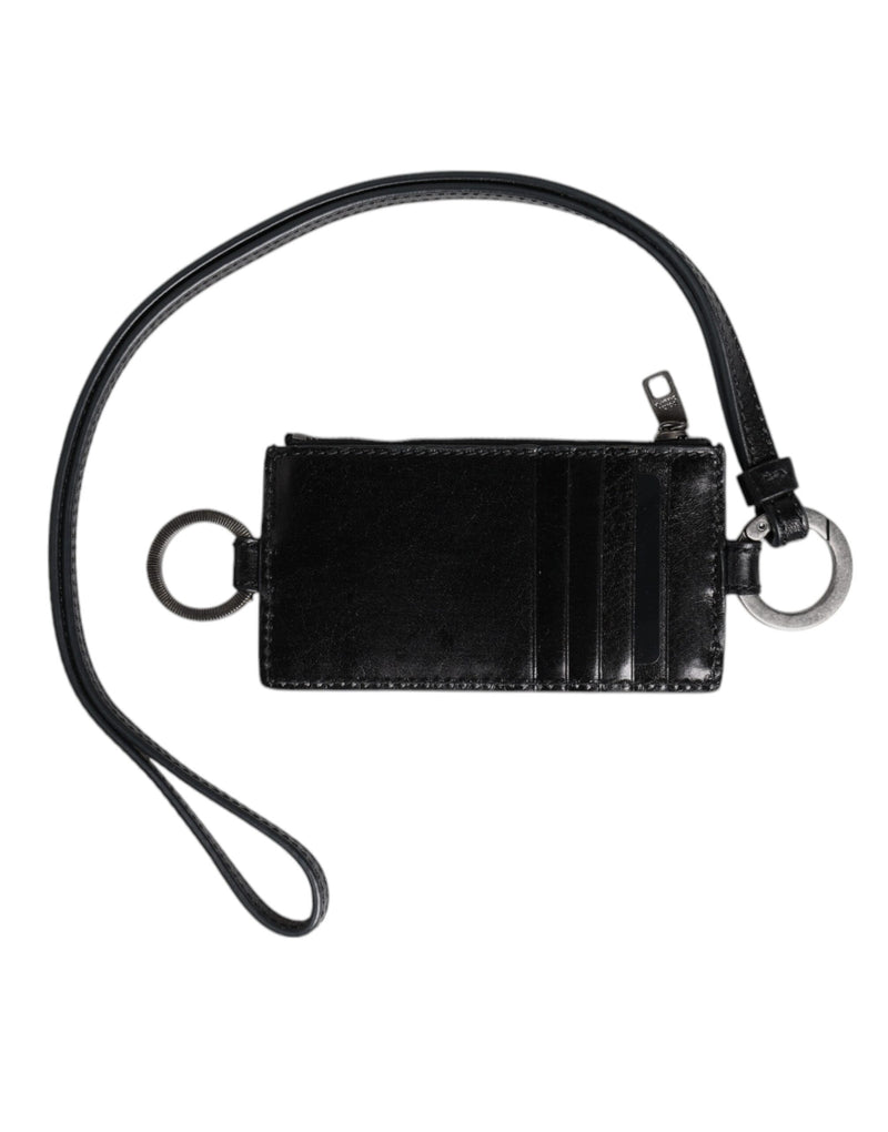 Dolce &amp; Gabbana Zwarte Leren Logo Reliëf Lanyard Kaarthouder Portemonnee