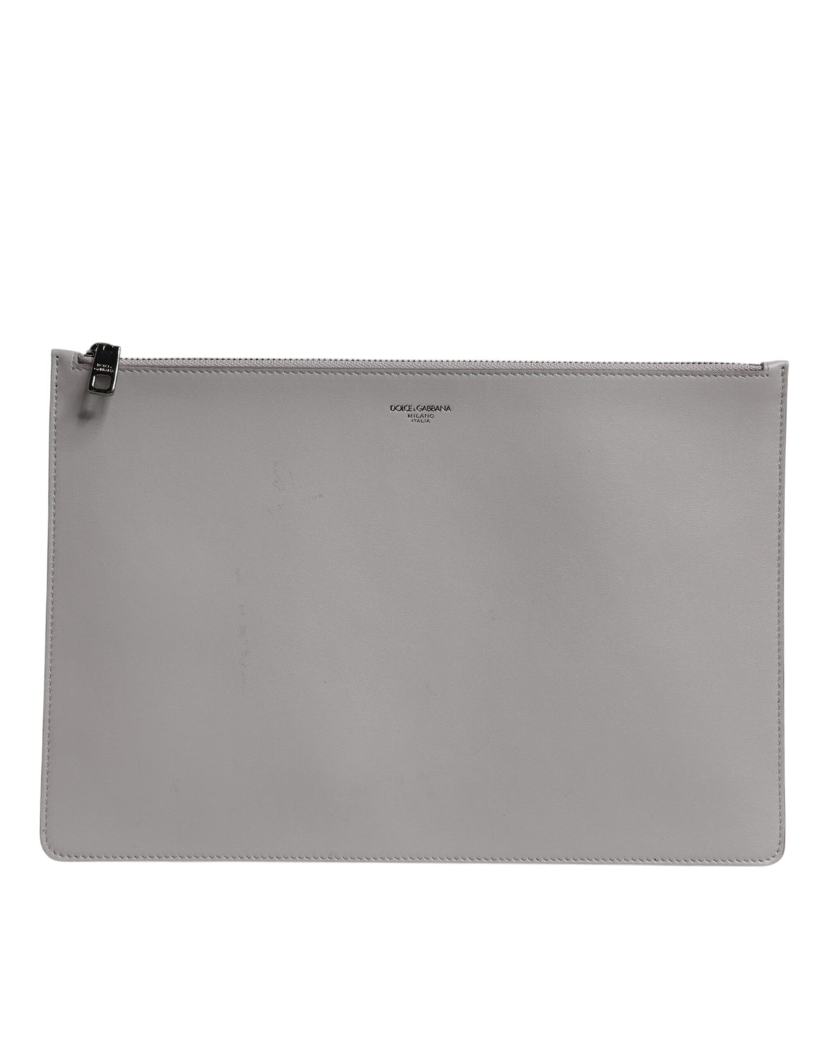 Pochette zippée en cuir gris massif Dolce & Gabbana pour homme avec logo DG