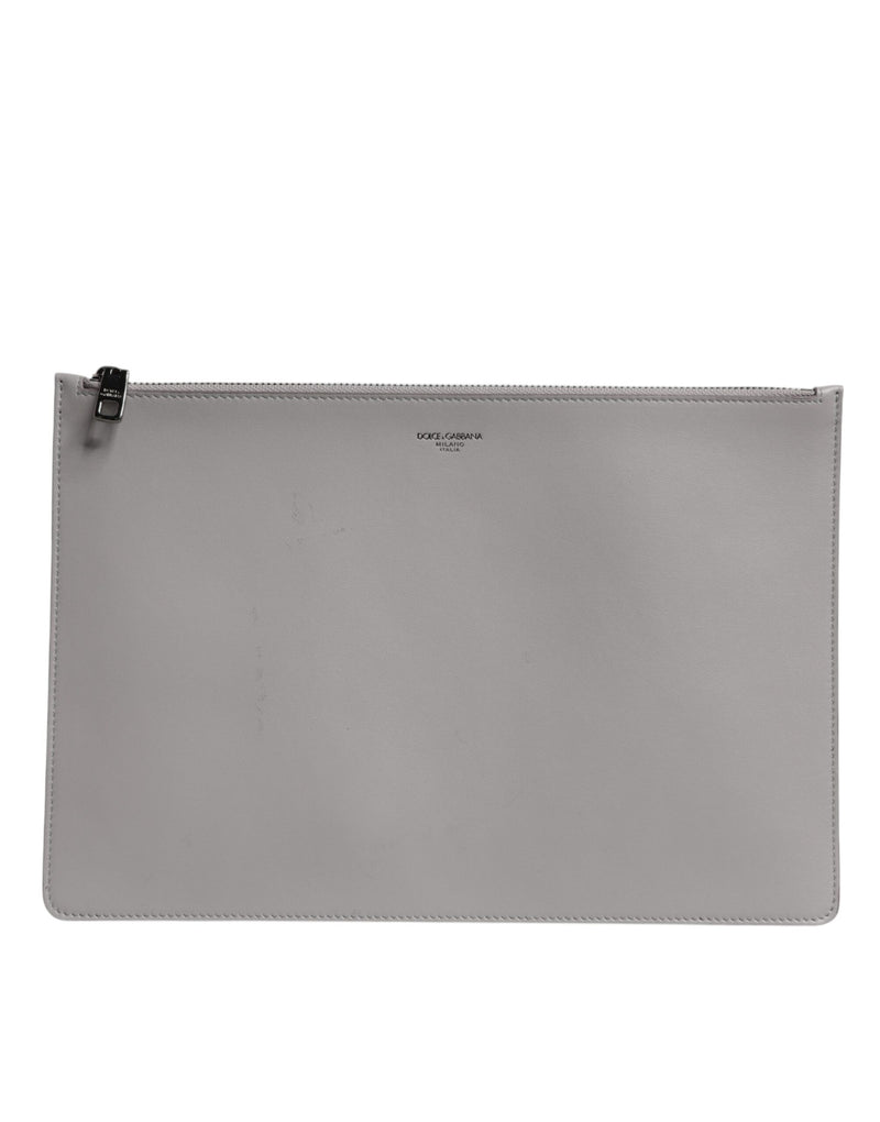 Pochette zippée en cuir gris massif Dolce & Gabbana pour homme avec logo DG