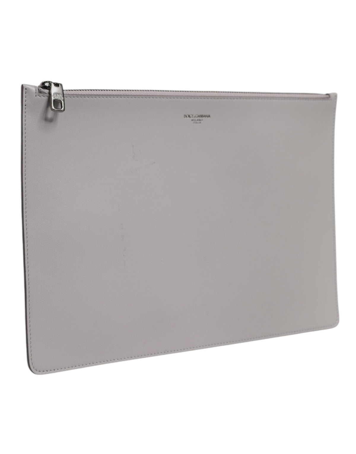 Pochette zippée en cuir gris massif Dolce & Gabbana pour homme avec logo DG