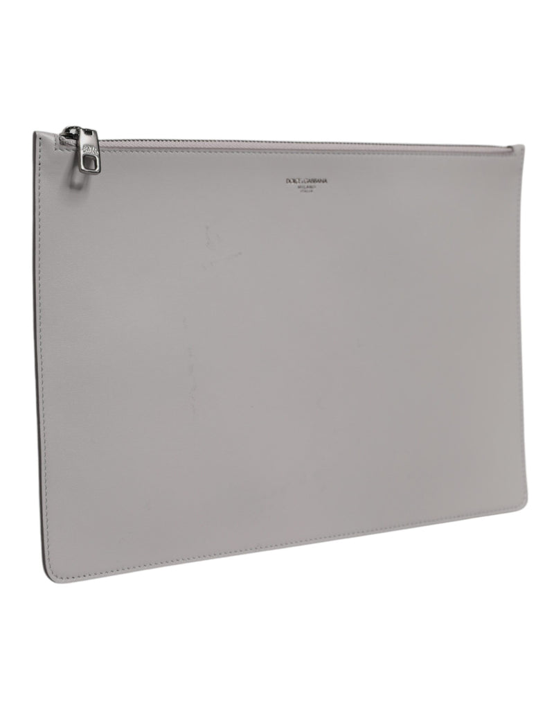 Pochette zippée en cuir gris massif Dolce & Gabbana pour homme avec logo DG
