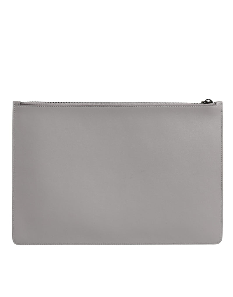 Pochette zippée en cuir gris massif Dolce & Gabbana pour homme avec logo DG