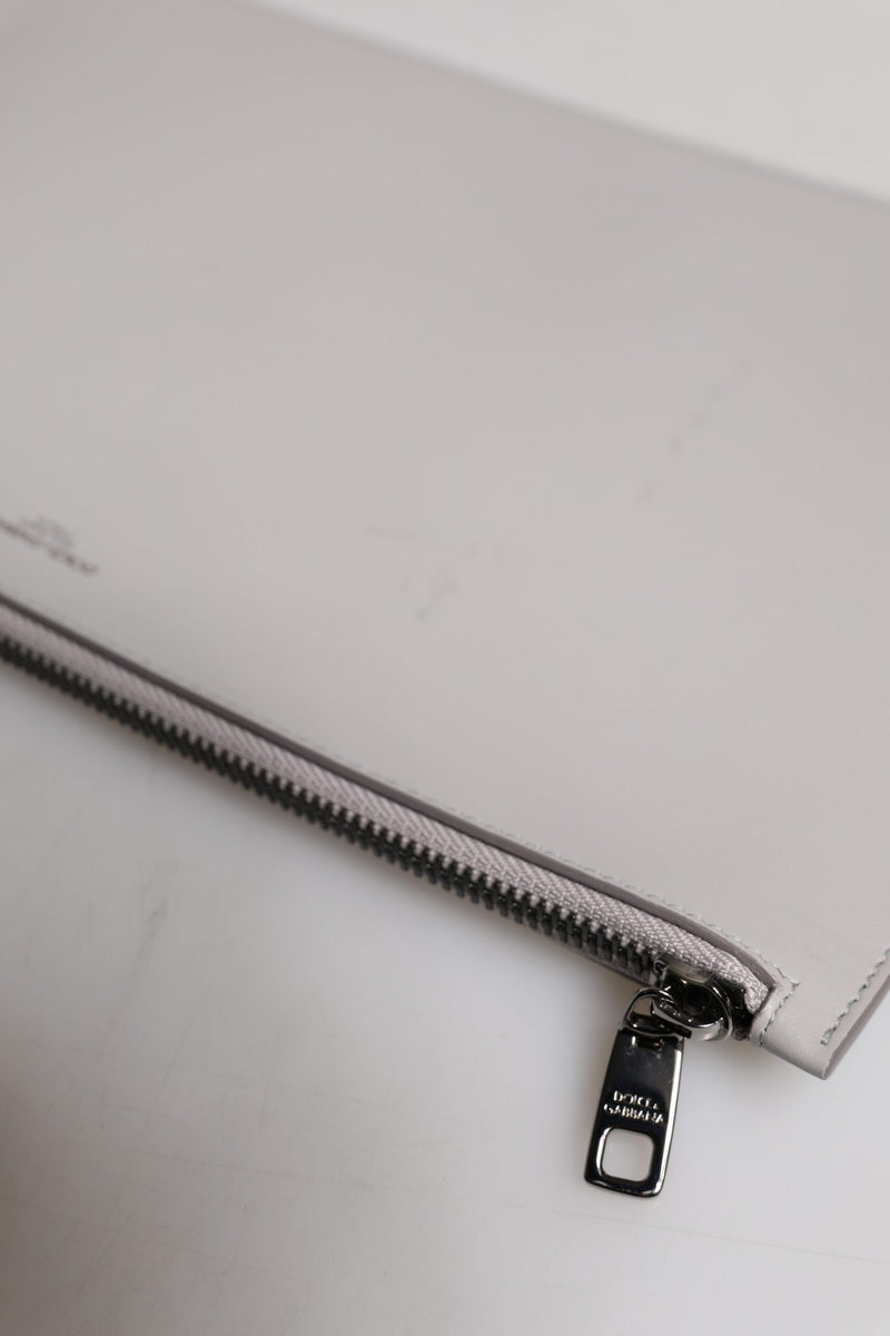 Pochette zippée en cuir gris massif Dolce & Gabbana pour homme avec logo DG