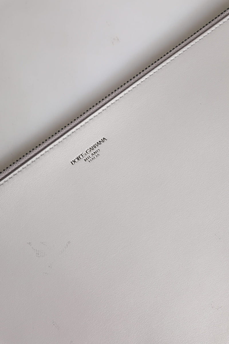 Pochette zippée en cuir gris massif Dolce & Gabbana pour homme avec logo DG
